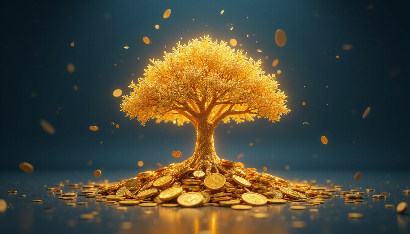 golden revenue growth tree sprouting coins, data streams, engineers celebrating around holographic charts