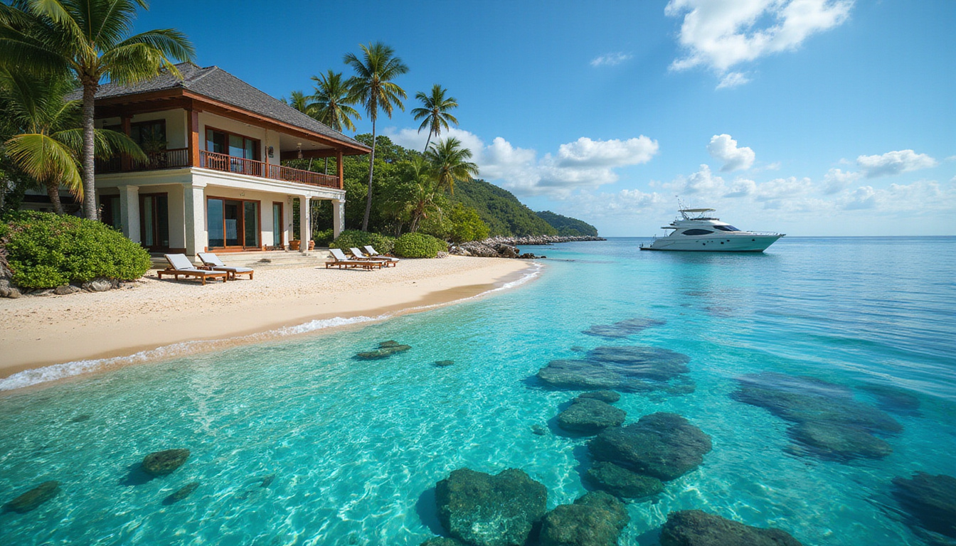  Private beachfront villa, arabesque lanterns, coral reef snorkeling, yacht anchored near golden sand