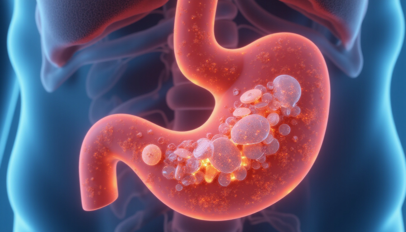  Close-up of stomach and kidneys overlapped with translucent NSAID tablets, caution symbols