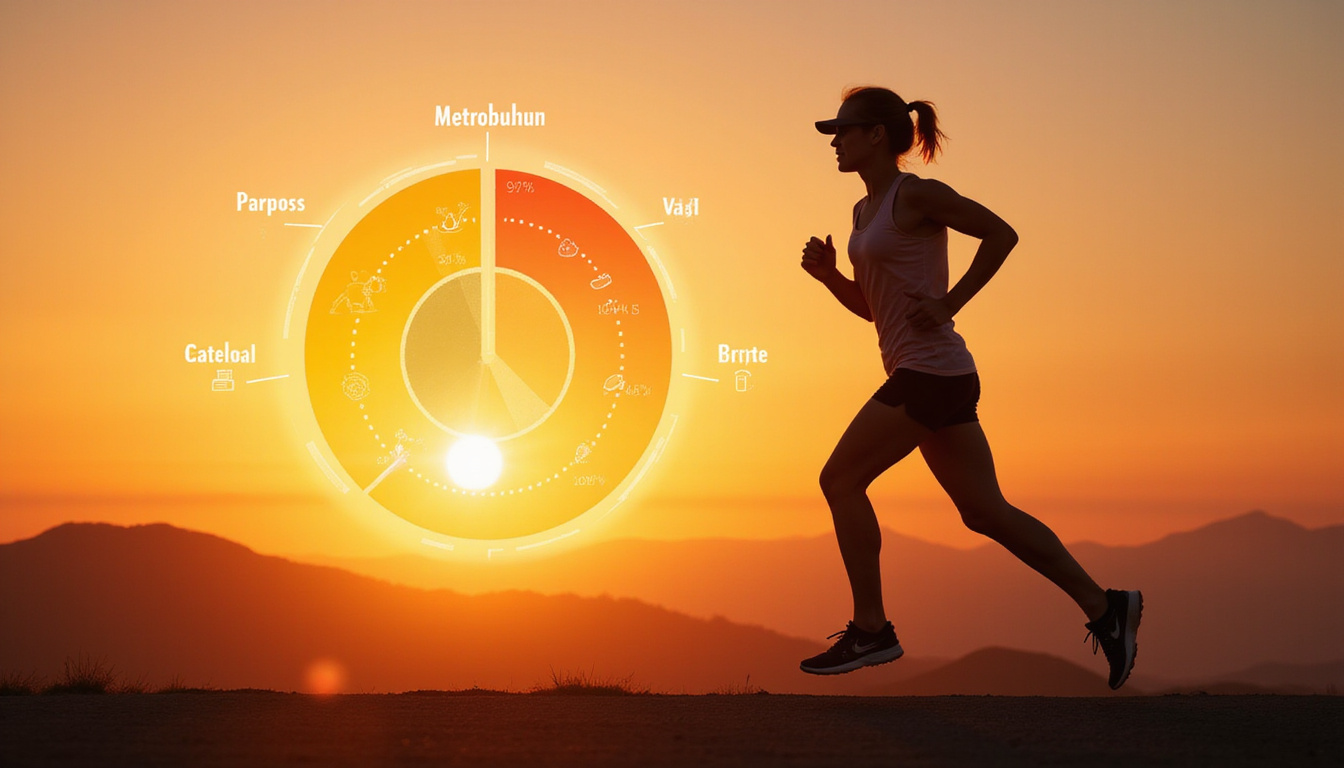  Energetic person jogging at sunrise, overlaid macronutrient pie chart, glowing metabolism icons
