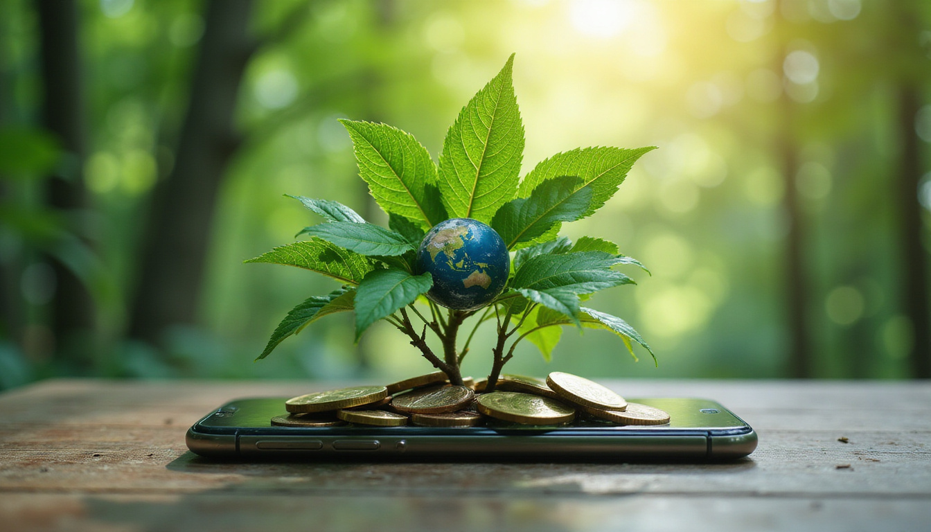 Transparent smartphone dissolving into green leaves and coins, Earth glowing behind