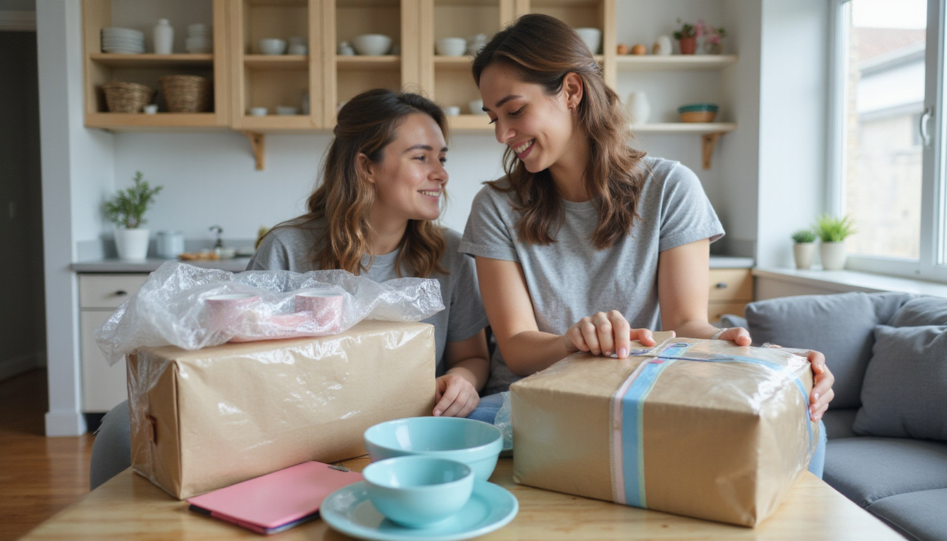  Interior apartment packed efficiently: bubble-wrapped dishes, color-coded labels, checklist clipboard, relaxed couple smiling