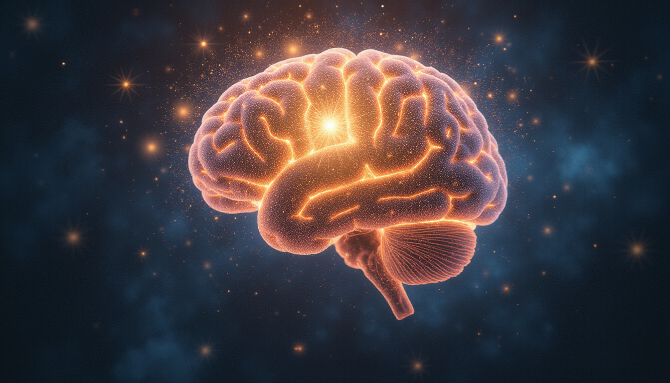  Surreal brain glowing as stress dissolves into stardust, golden pathways of clarity