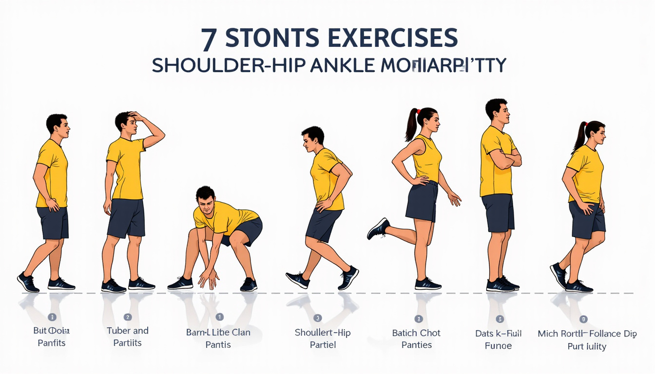  Sequence of seven illustrated exercises improving shoulder hip ankle mobility, vibrant sports infographic