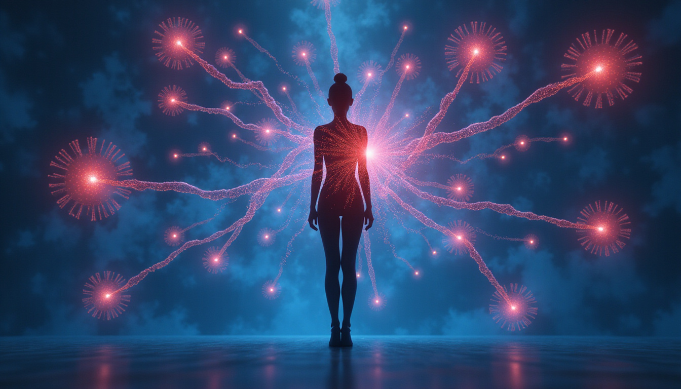 Female silhouette surrounded by molecular diagrams, hidden genetic clues glowing, medical treatment icons