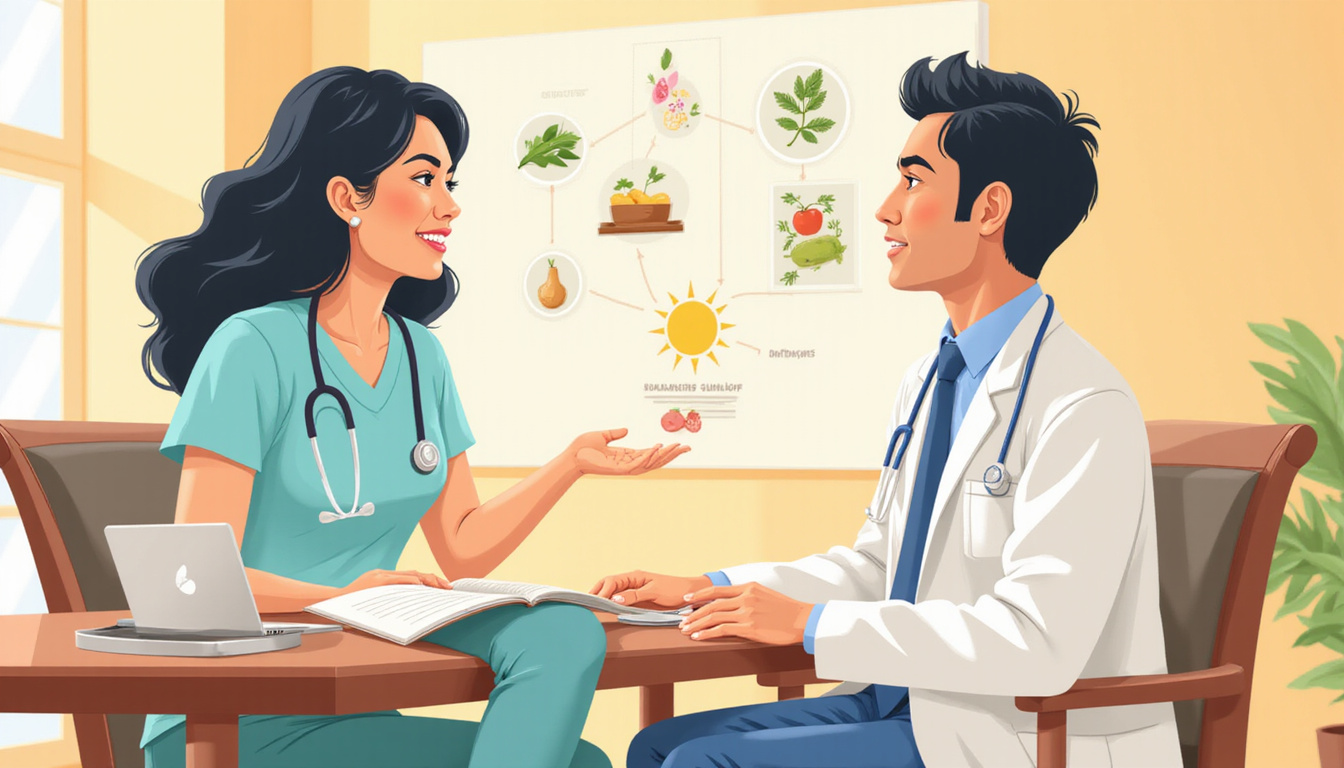  Woman consulting empathetic doctor, alternatives displayed: herbs, exercise, balanced diet, sunlight