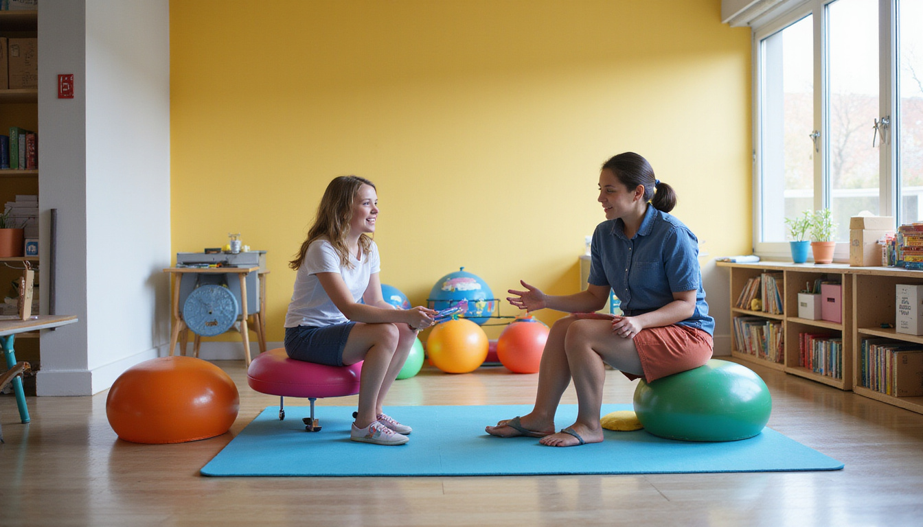  Adaptive seating, balance beams, therapy balls integrated into lessons, joyful students collaborating with teacher