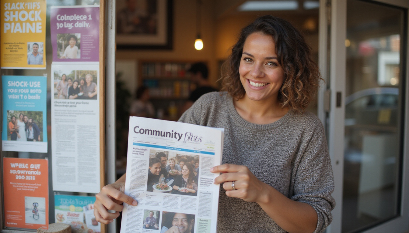  Community newsstand, smiling vendor handing paper to diverse locals, colorful posters boosting subscriptions