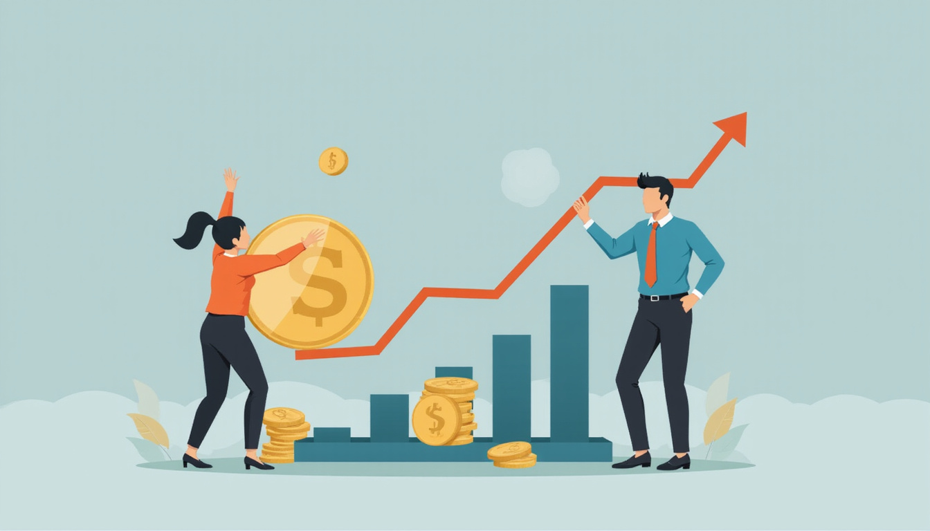  Businessperson balancing coins and rising profit chart on scale, minimalist modern style