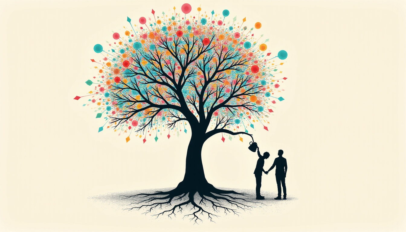 Founders watering a giant tree of networks and arrows, roots as customer connections, motion blur