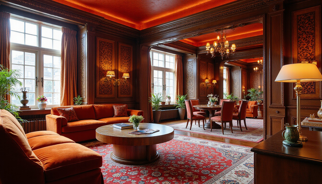  Opulent W-suite interior, plush velvet furnishings, Arabic geometric patterns, floor-to-ceiling windows, warm ambient lighting
