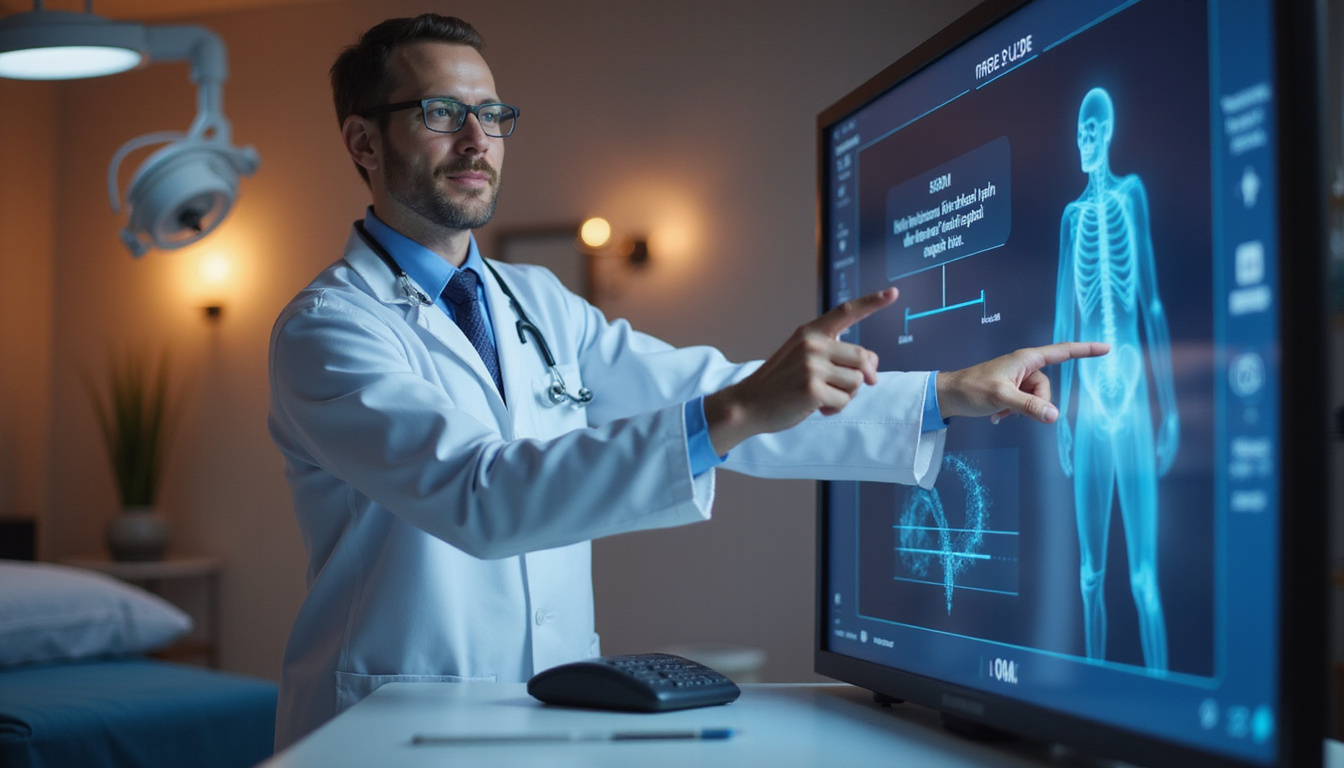  Doctor pointing at VAS slider while explaining simple steps to measure pain, warm lighting