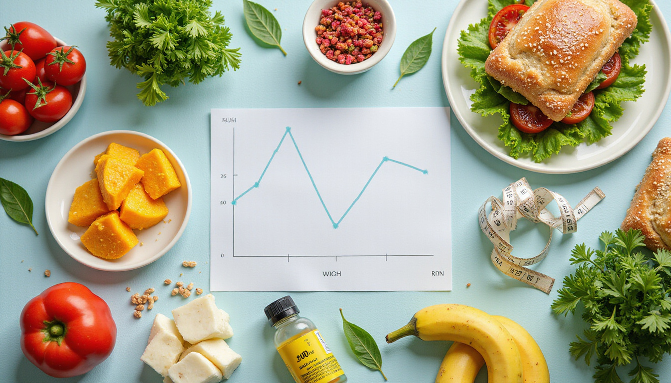  Vibrant flat lay of low carb meals with measuring tape, scale, weight loss graph overlay