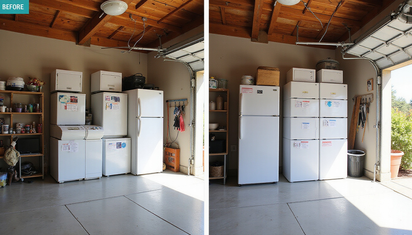  Organized garage before-and-after, stacked appliances labeled for recycling, smartphone app scheduling, warm sunlight