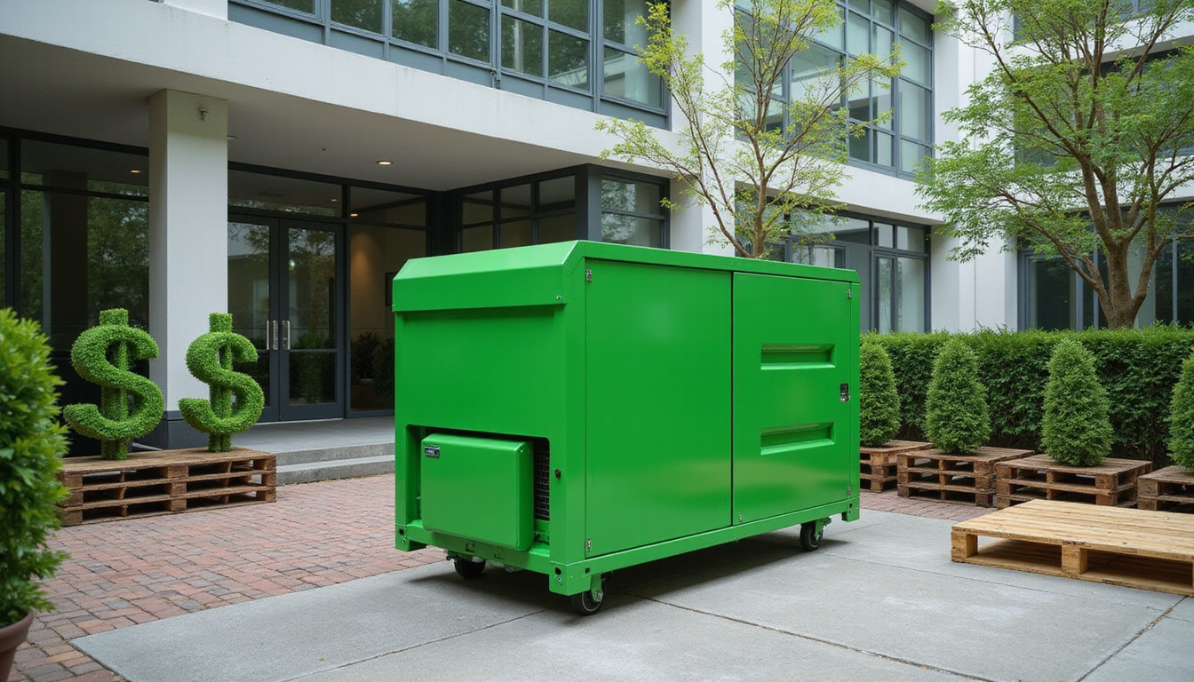  Green corporate courtyard with compact baler, recycled pallets, dollar-shaped plants, smiling executives