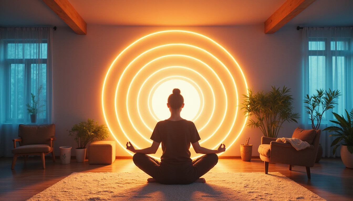  Meditating person surrounded by spiraling light, rearranged furniture, plants, aura of peaceful transformation