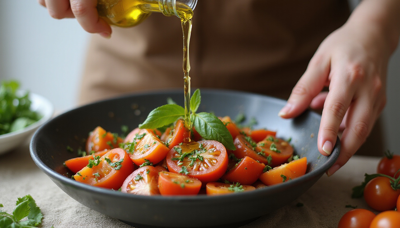  Close-up of hands preparing simple Mediterranean recipe: olive oil drizzling, herbs, ripe tomatoes