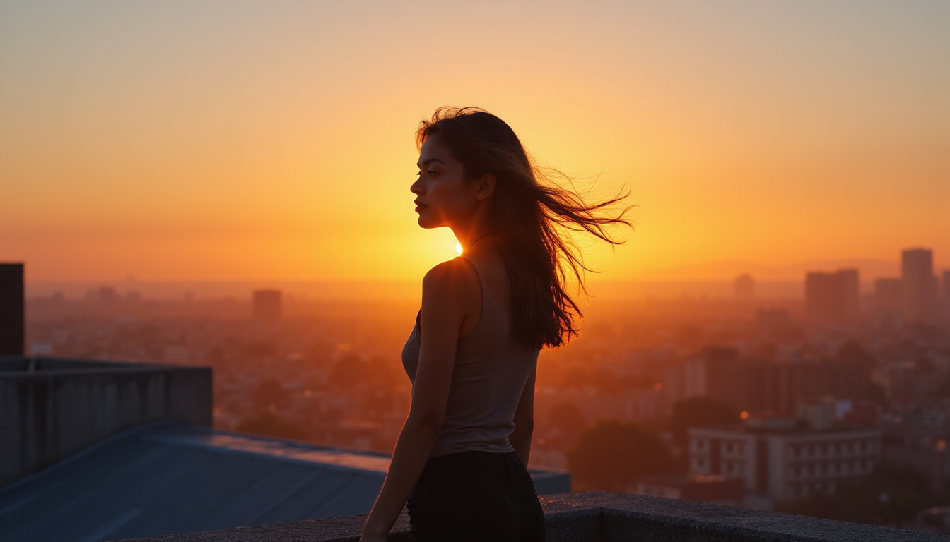  Serene woman rooftop sunrise, hair flowing, translucent oxygen molecules infusing scalp, clinical glow