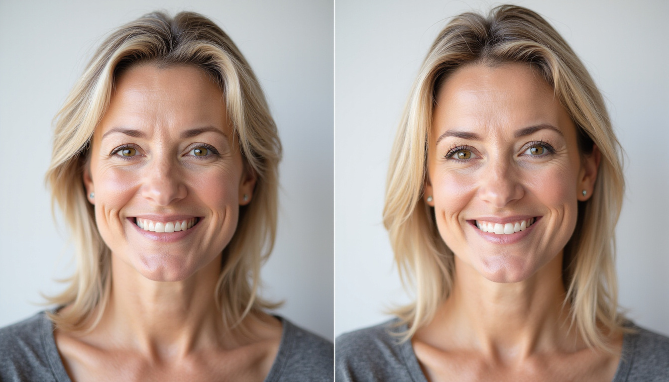  Before-and-after portraits of middle-aged patient showing thicker hair, natural looking, confident smile