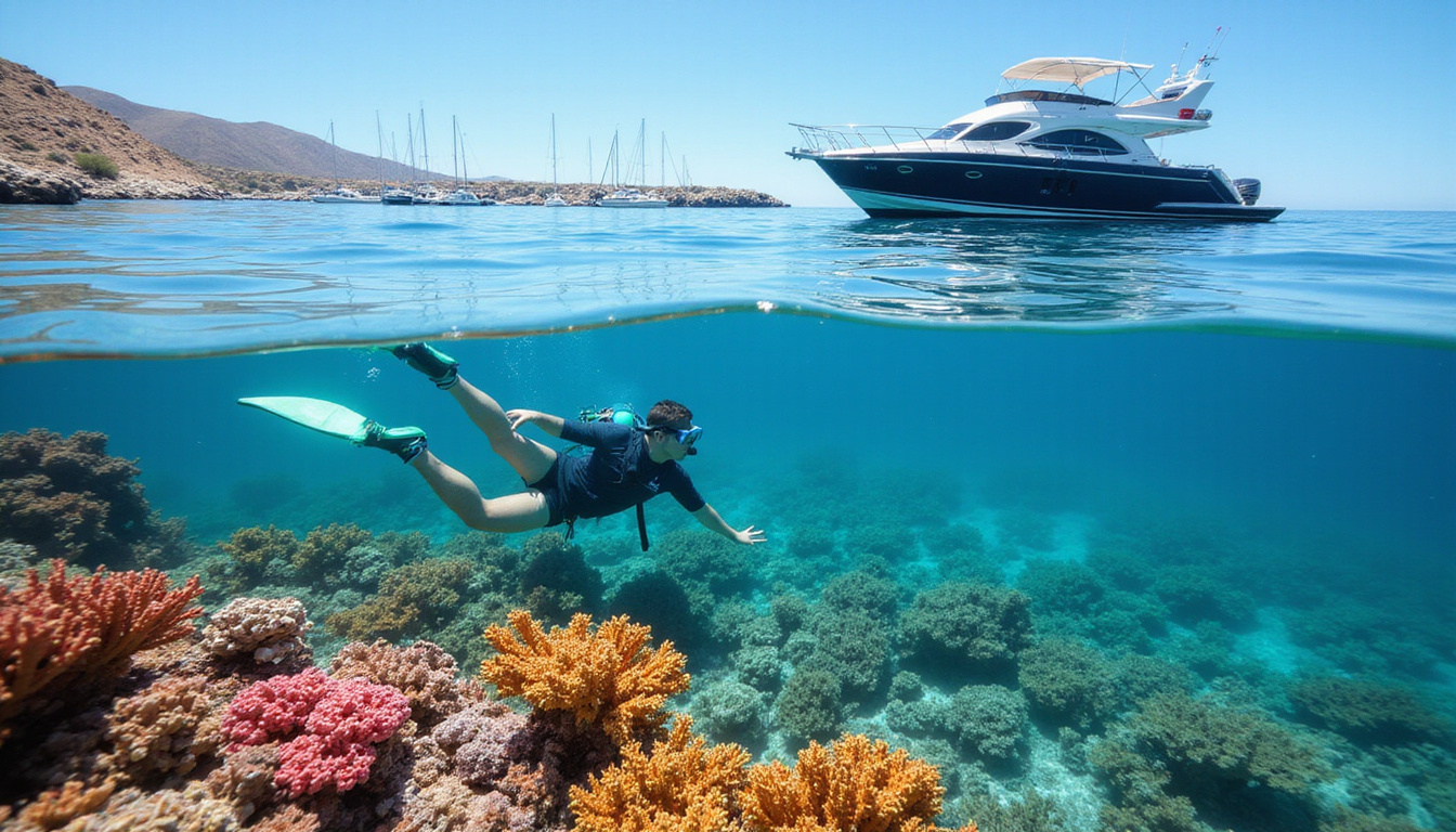  Snorkeler exploring vibrant coral gardens, crystal-clear Red Sea, glass-bottom boat, distant marina