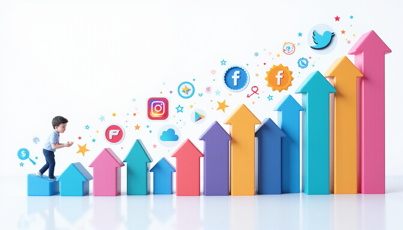  Graph arrows rising from social media icons, trust badges, handshake, modern sleek marketing dashboard