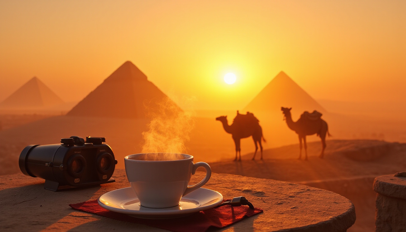  Rooftop terrace breakfast, steaming coffee, binoculars, silhouetted camels against misty sunrise behind pyramids