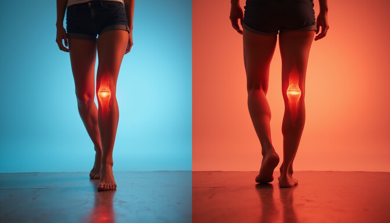  Dynamic before-and-after split image: stiff knee transformed to active walking, warm lighting