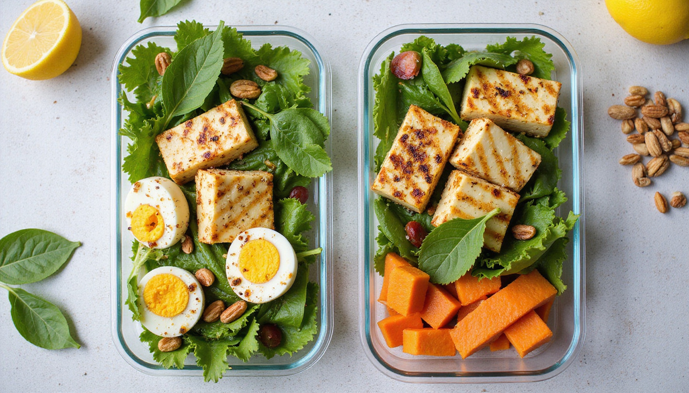  Overhead meal-prep containers: grilled halloumi, marinated tofu, boiled eggs, nuts, leafy greens, lemon
