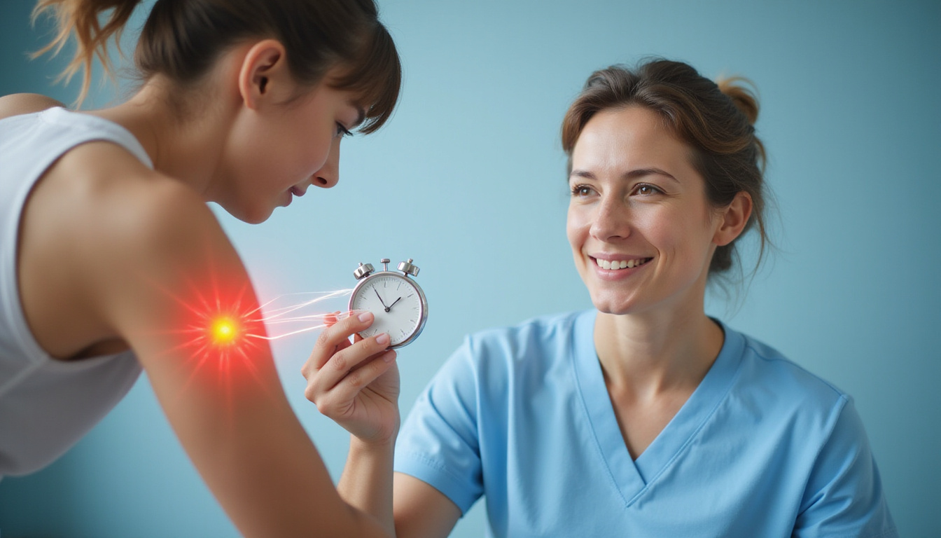  Close-up therapeutic mobilization, motion lines ejecting pain, stopwatch symbolizing fast results, calm smiling patient