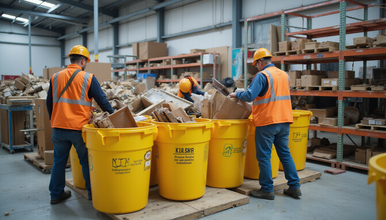 Urban renovation site, workers sorting reusable fixtures into labeled bins, motion blur, eco-friendly palette