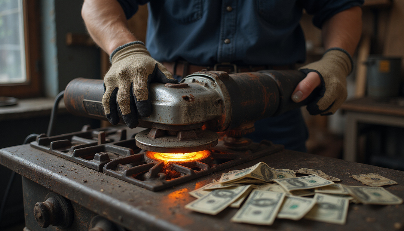  Mechanic with gloves using angle grinder on old stove, cash bills glowing nearby