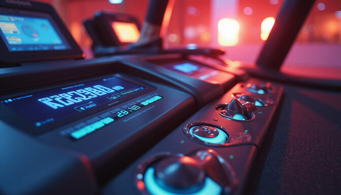  Close-up anti-gravity treadmill controls, holographic recovery metrics, warm ambient light, optimistic atmosphere