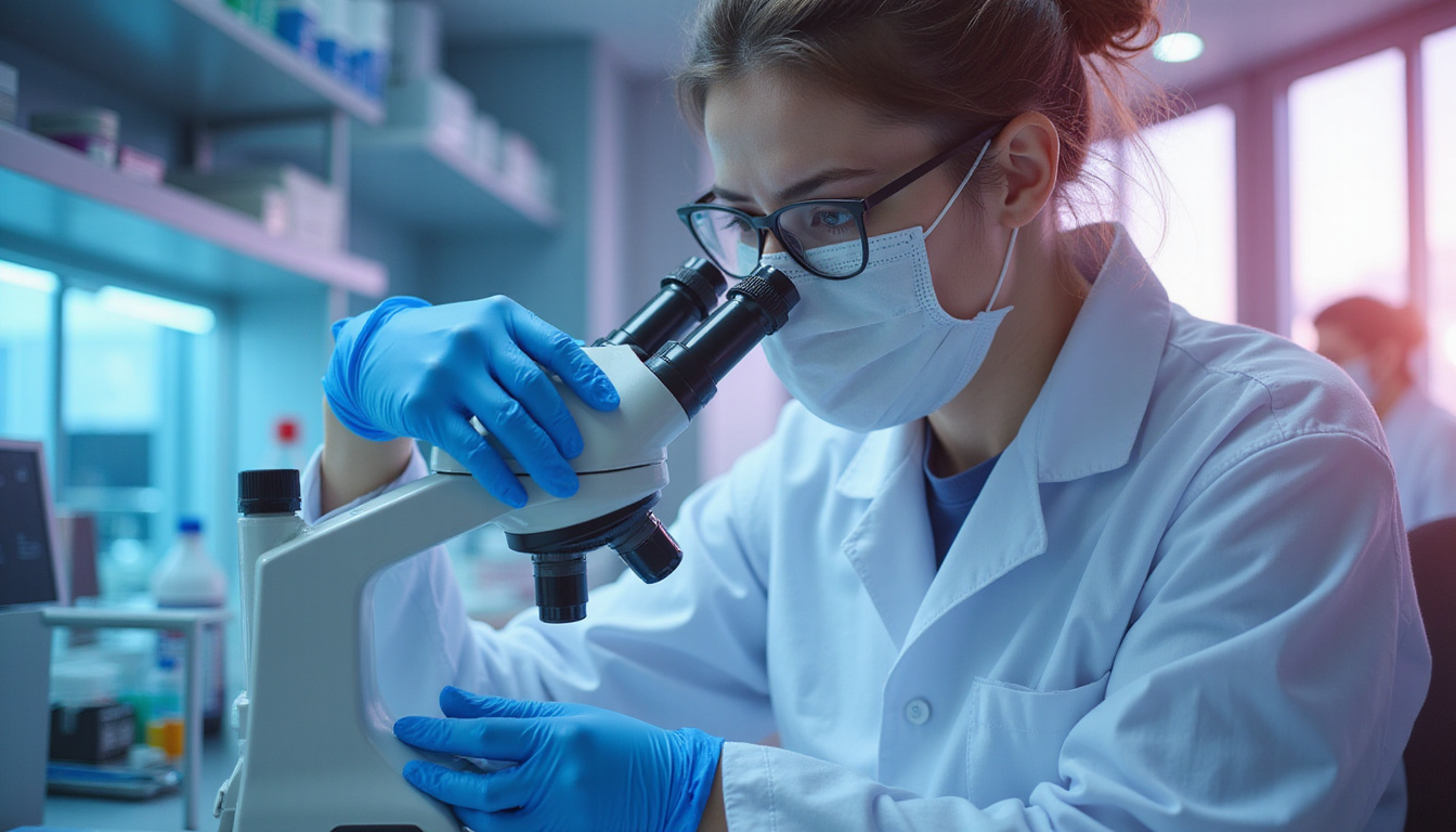  Clinical lab scene, scientist examining serum, marketing billboards fading, microscope revealing molecular doubt