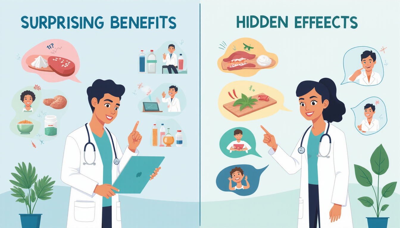  Split-panel infographic: surprising benefits versus hidden side effects, expert doctor pointing, soft clinical palette