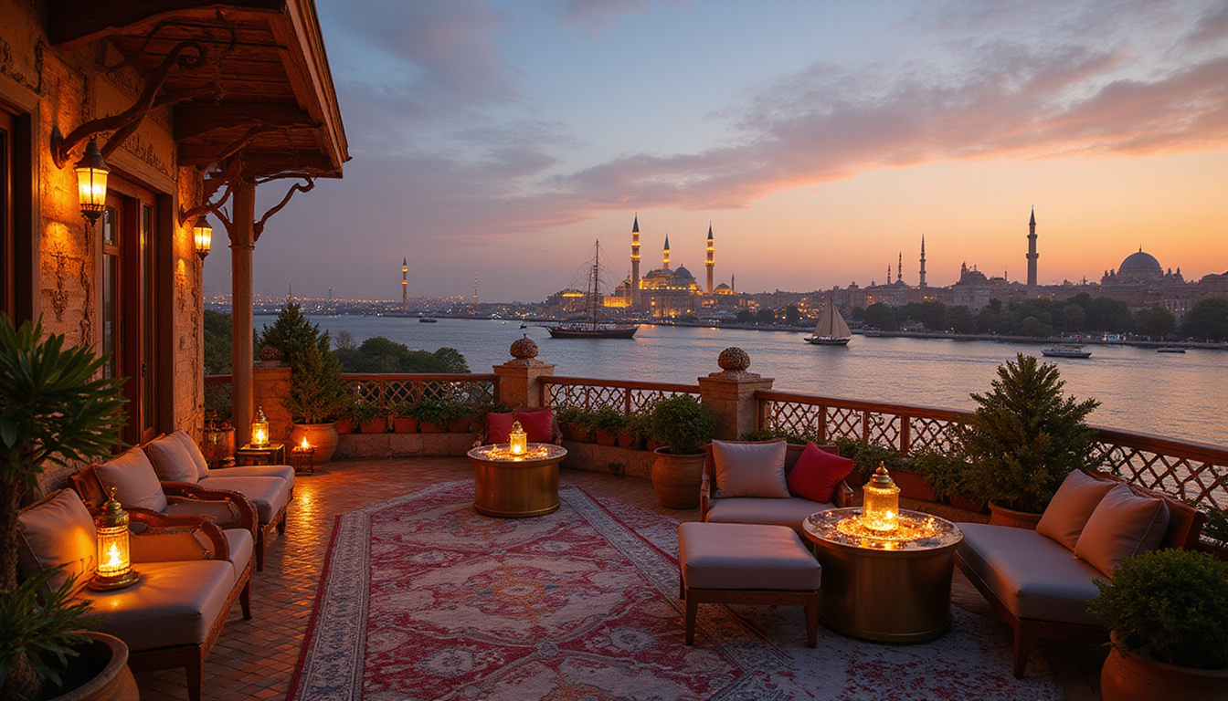  Ornate rooftop terrace with brass lanterns, plush seating, feluccas drifting on Nile, minarets at dusk