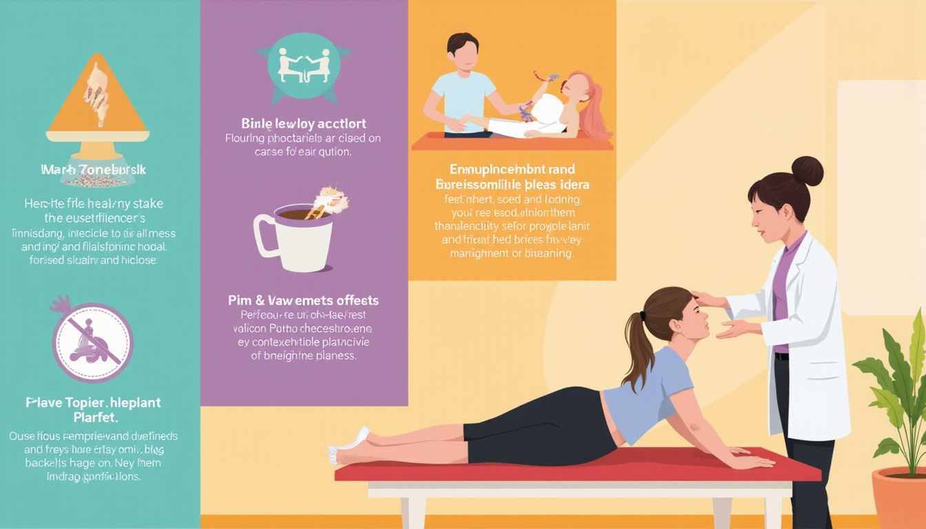  Split-scene infographic: risks icons, recovery exercises, physiotherapist guiding patient, warm tones