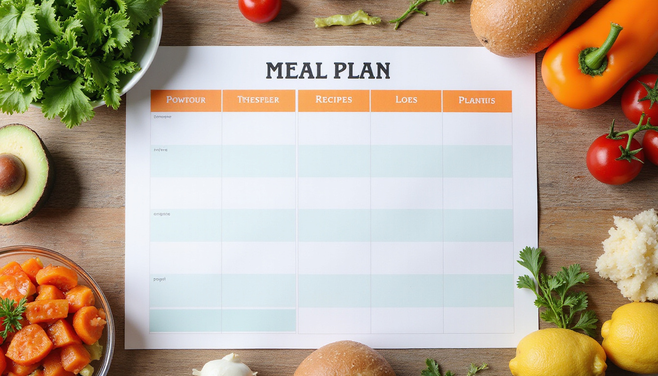  Minimal meal plan layout on wooden table: labeled low carb recipes, colorful icons, lightning energy symbol