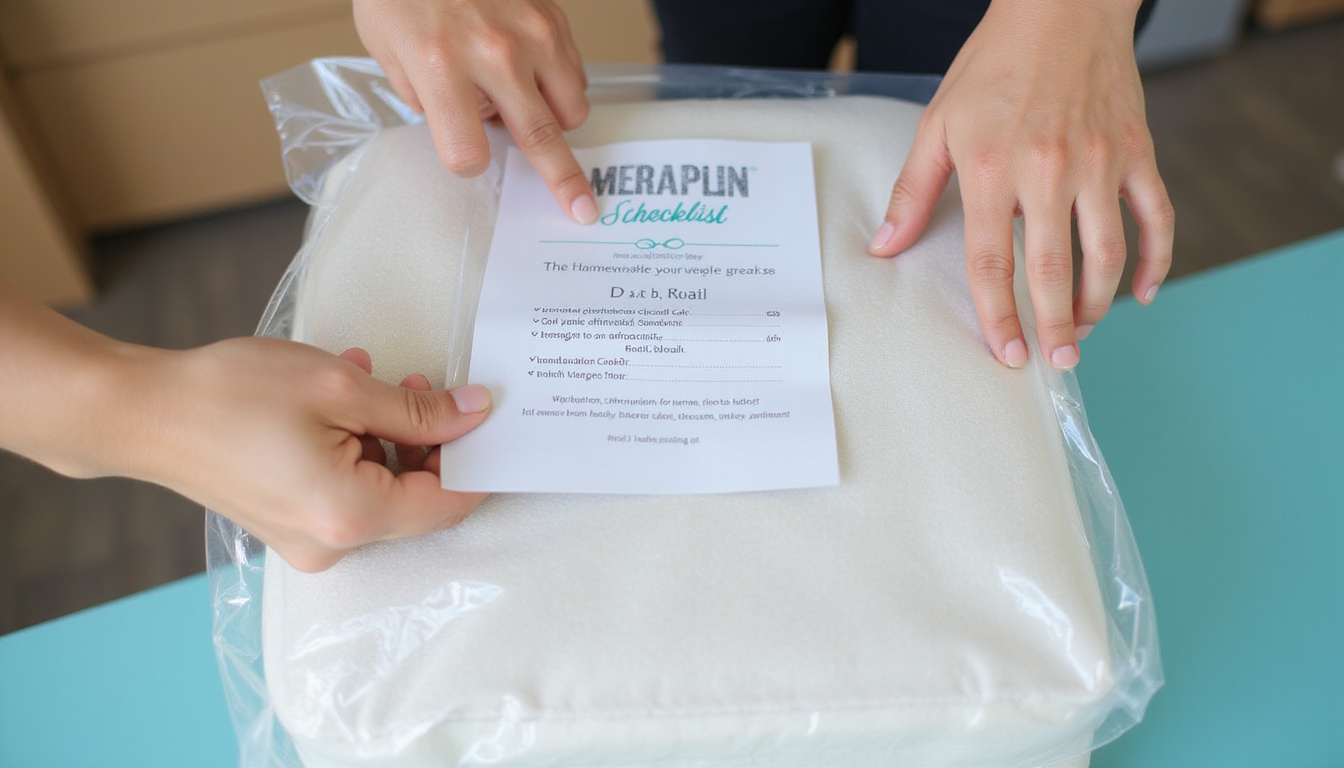 Close-up hands sealing mattress in clear plastic bag, donation checklist and label visible