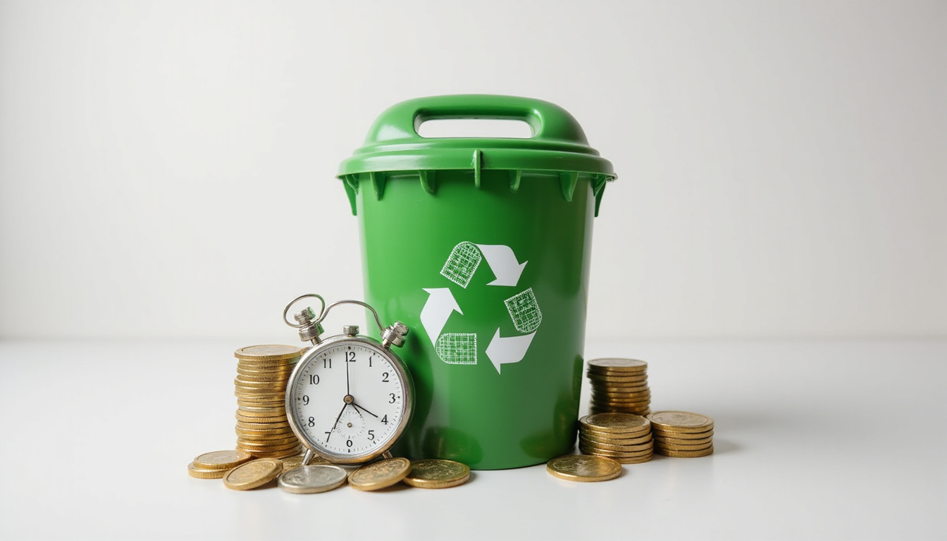 eco friendly skip bin surrounded by coins and stopwatch symbolizing saving money time