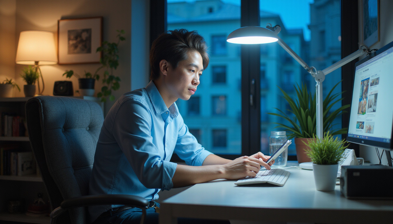 Ergonomic home office with cool white task light, focused worker, productivity apps glowing