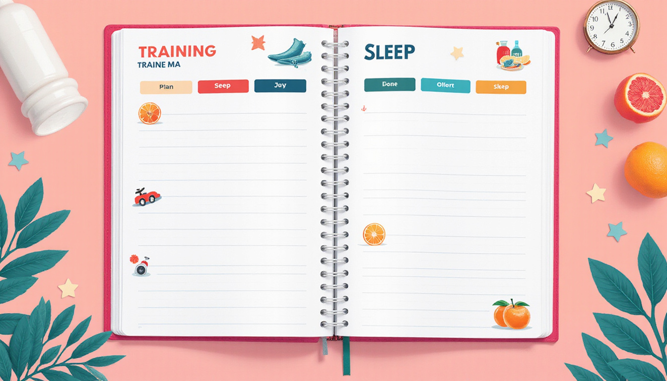  Notebook with training plan, sleep, nutrition icons, healing muscles illustrated, gentle pastel palette