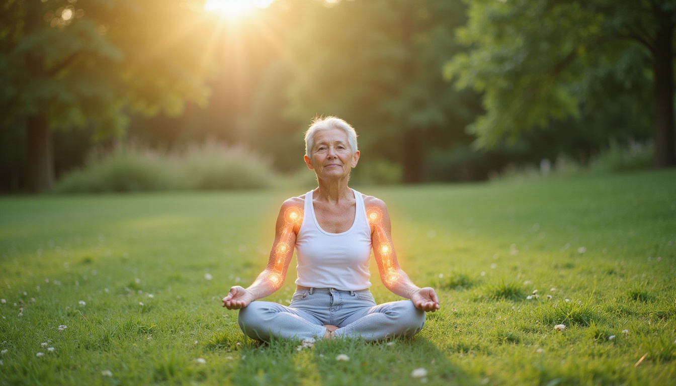  Elderly woman performing gentle yoga, hydrated joints visualized as luminous cartilage, green meadow