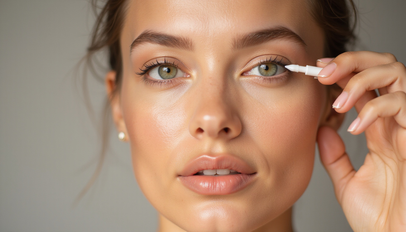  Soft-focus beauty editorial, model applying bimatoprost serum to brow, luminous skin, warm lighting