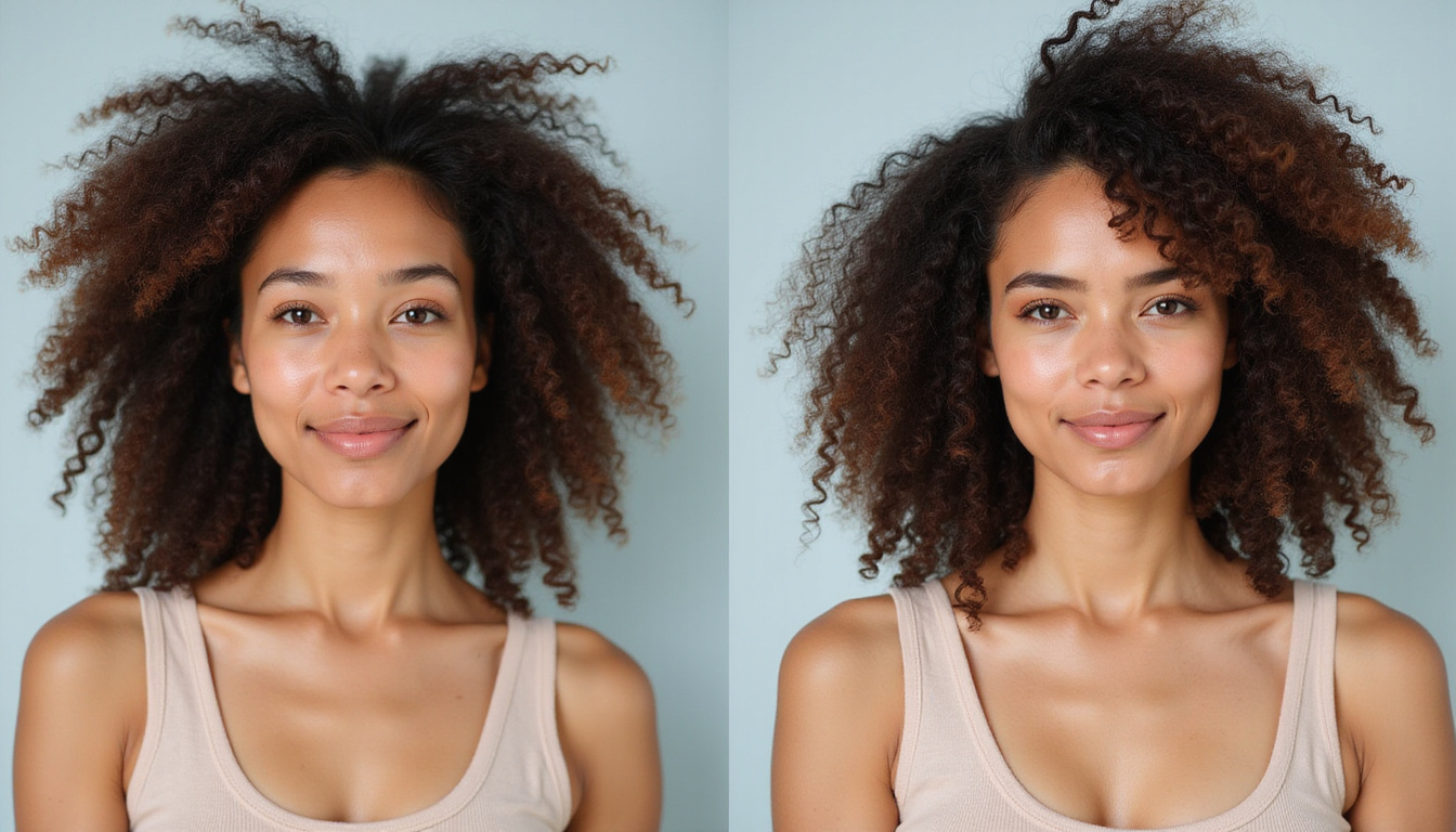  Before-and-after portrait of diverse woman, fuller hair, serene expression, acupuncture and herbal remedies