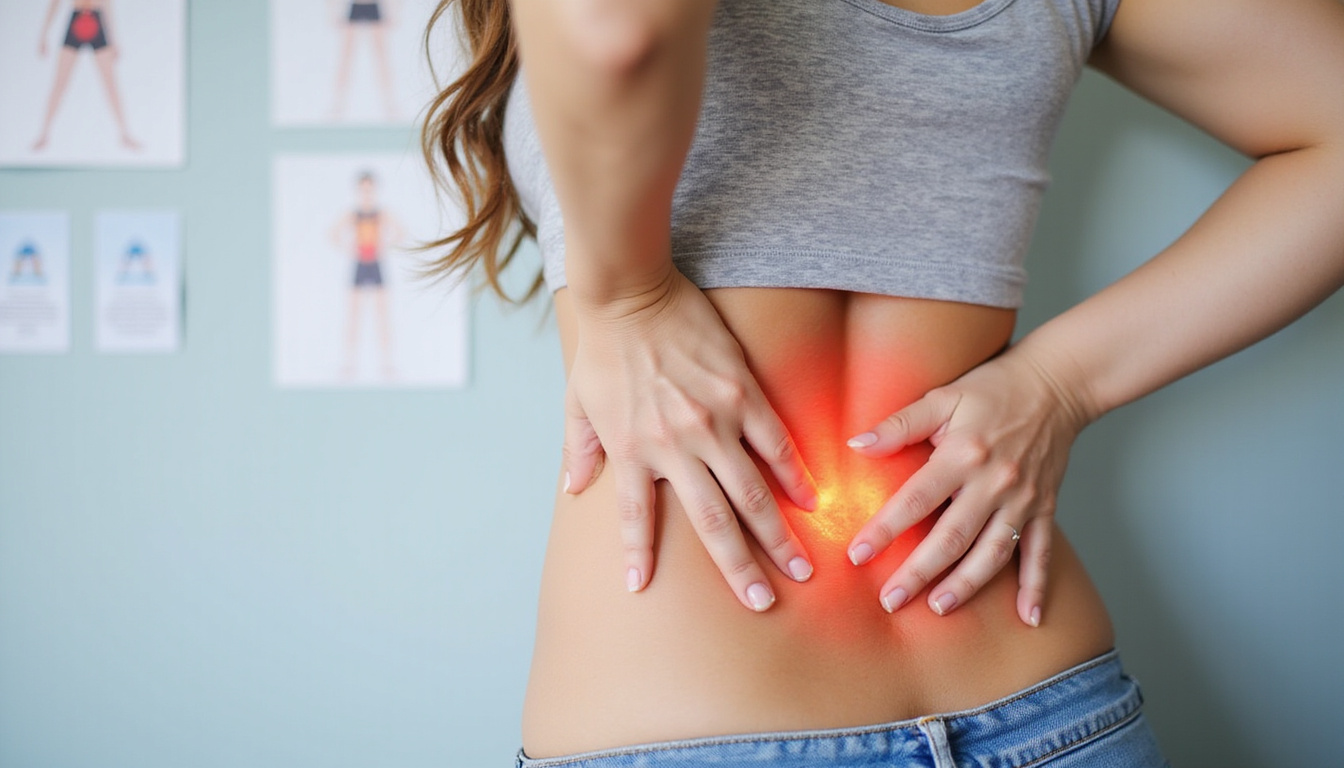 Close-up of therapist hands correcting posture, illustrated infographic of proven back pain moves, calm colors