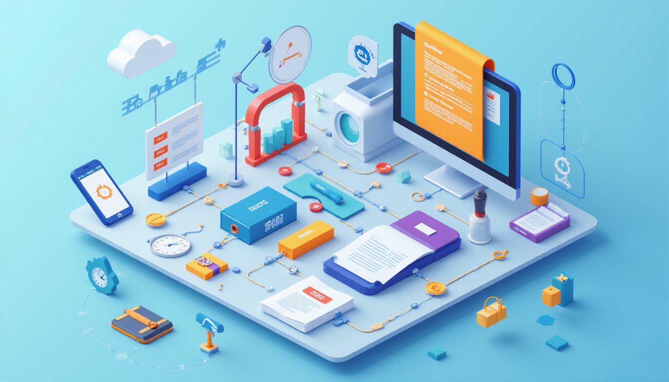 Isometric infographic of web-to-print pipeline, time-saving automation icons, happy customers, bright colors