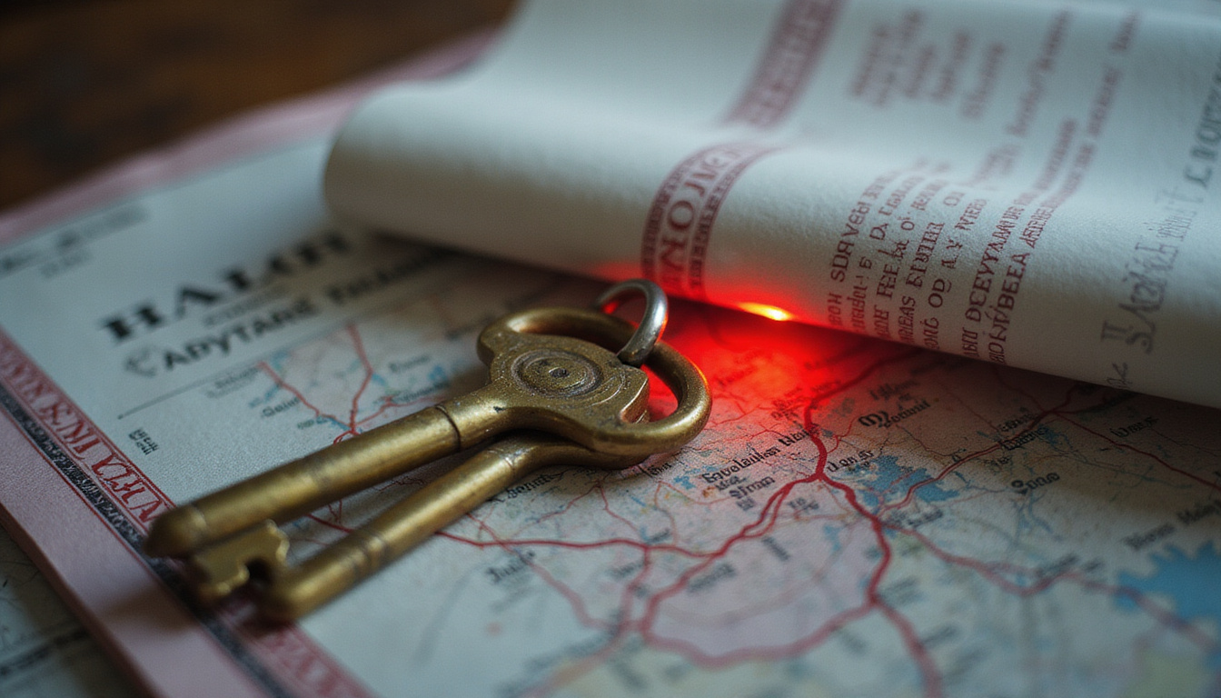  Stack of rental contracts and old brass keys, hidden fee notes glowing red, Cairo map