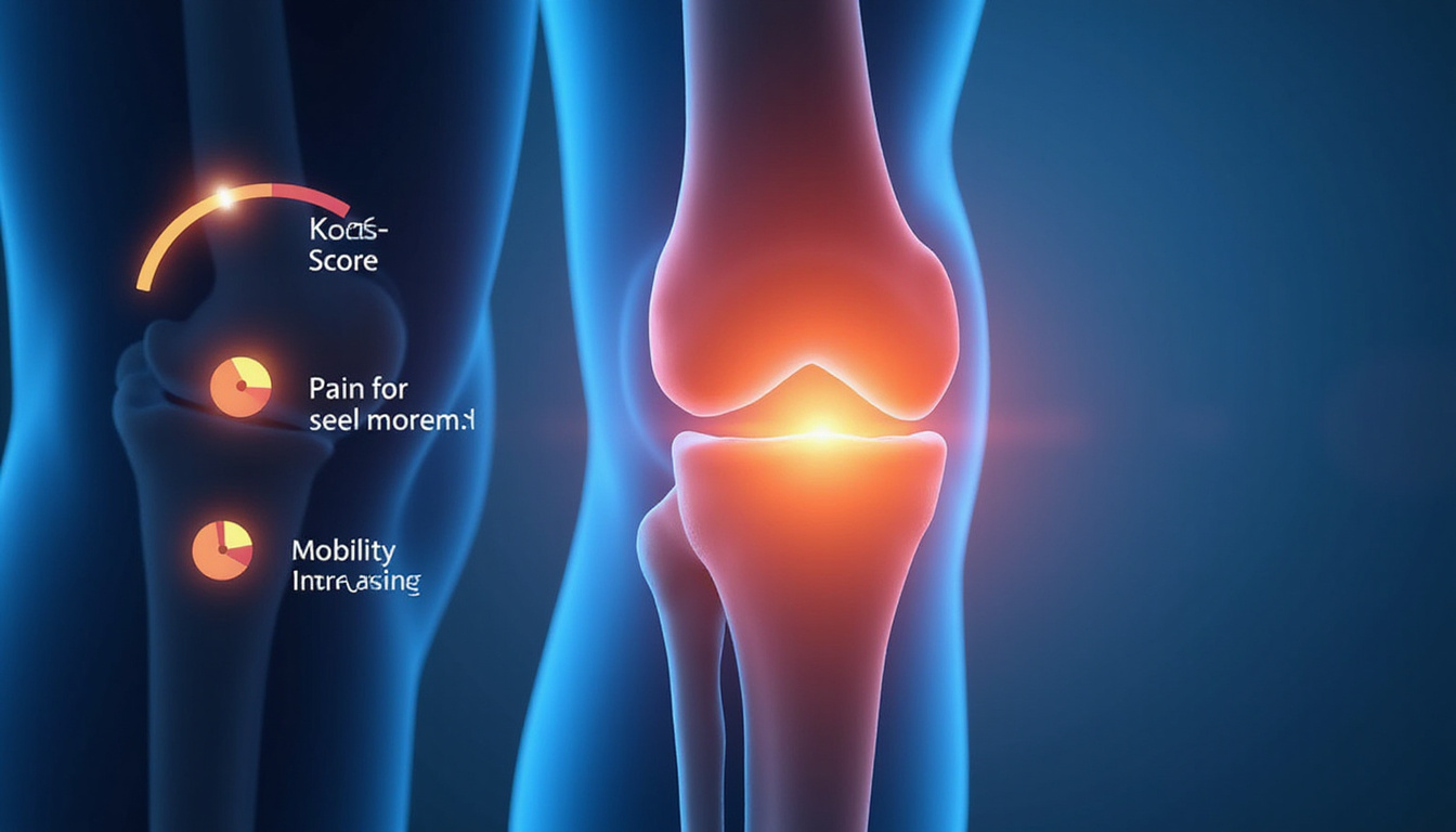  Close-up medical infographic of knee joint, KOOS score gauge, pain decreasing, mobility increasing