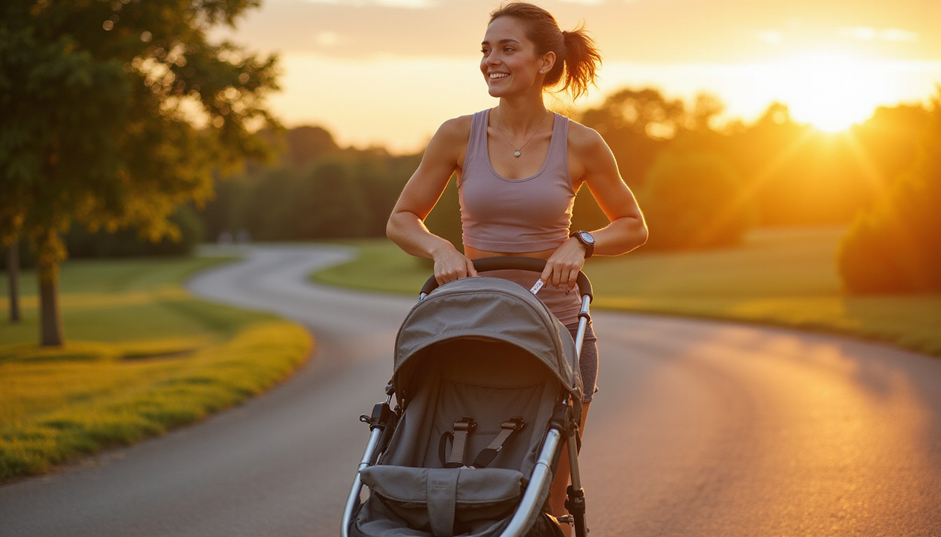 Smiling mom jogging with stroller, measuring tape, energy boost, sunrise park, serene confident expression