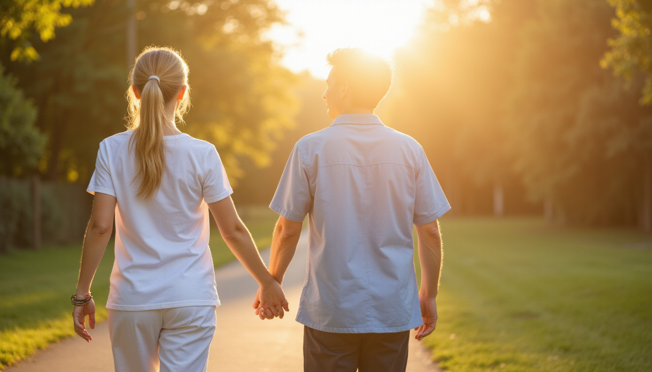 recovered patient doing gentle stretches with physiotherapist, walking outdoors, sunlit optimism, life after surgery